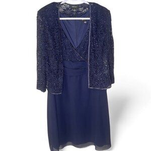 NWT R&M Richards 2-piece blue sleeveless sequin dress w/ lace Size 16